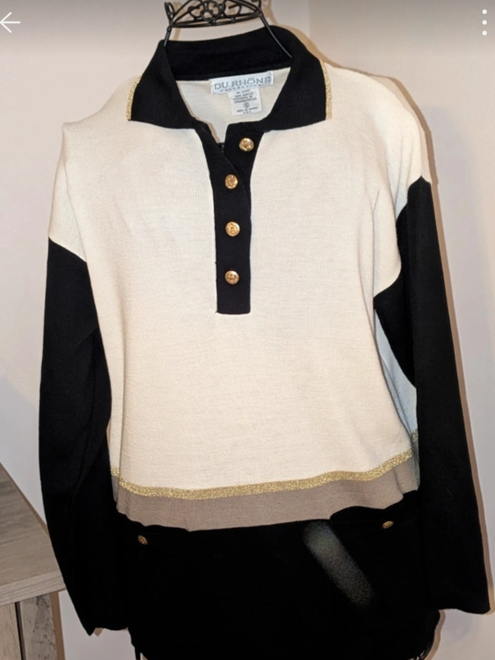 Vintage Du Rhone Cream Black Colorblock Polo Sweater S